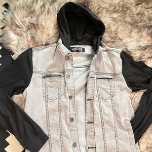Grey HoodedDenim Jacket w Black Fabric Sleeves